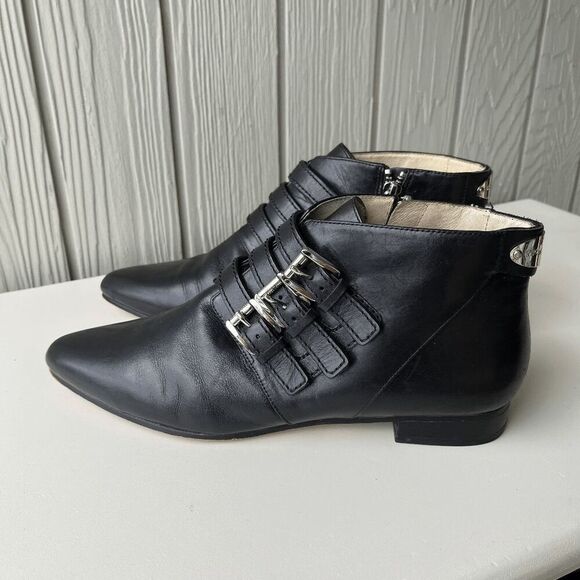 Michael Kors MK Roswell Black Leather Ankle Boots Buckle Pointed Toe 8 - Picture 13 of 16